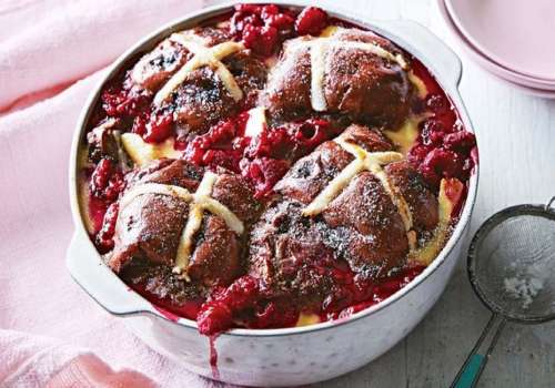 Raspberry and chocolate hot cross bun pudding